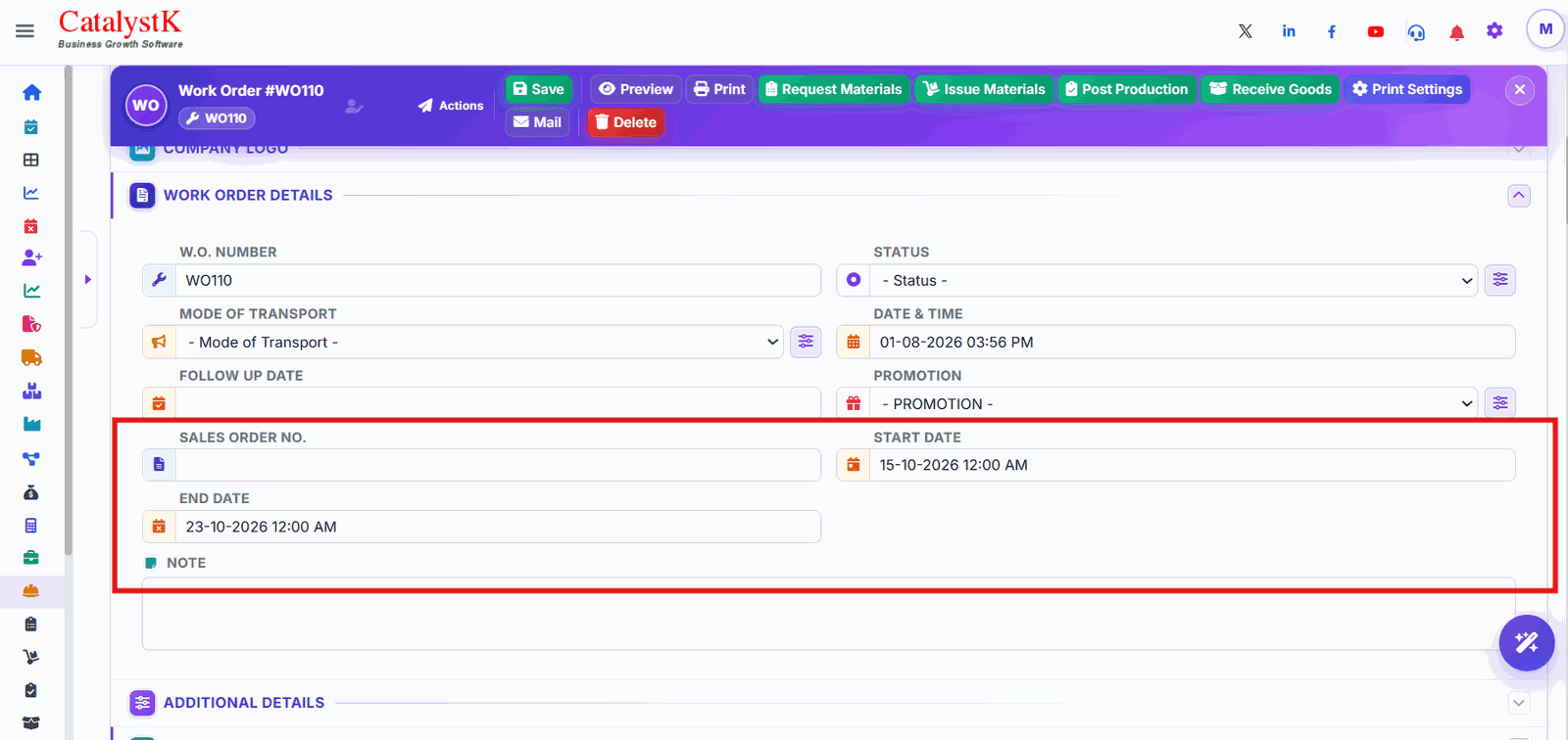 Work order start date and end date fields in Catalystk