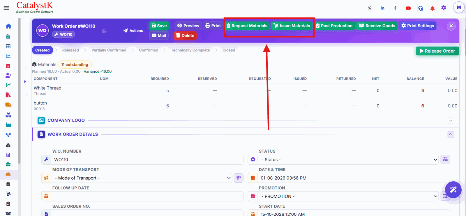 Request Materials and Issue Materials buttons on a Catalystk work order