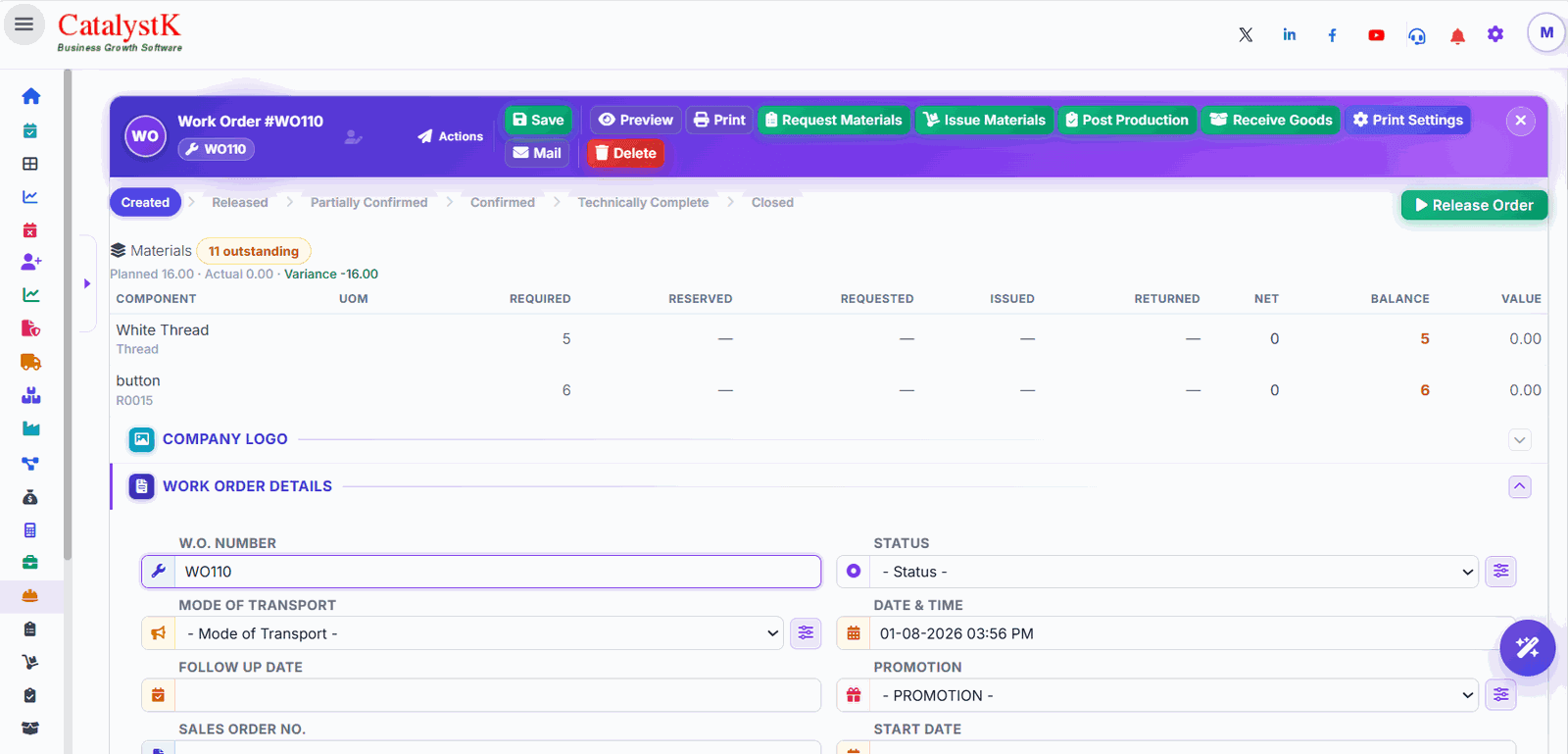 Saved work order with required materials and planned vs actual in Catalystk