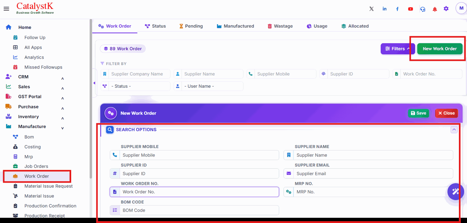 New Work Order with BOM Code search option in Catalystk