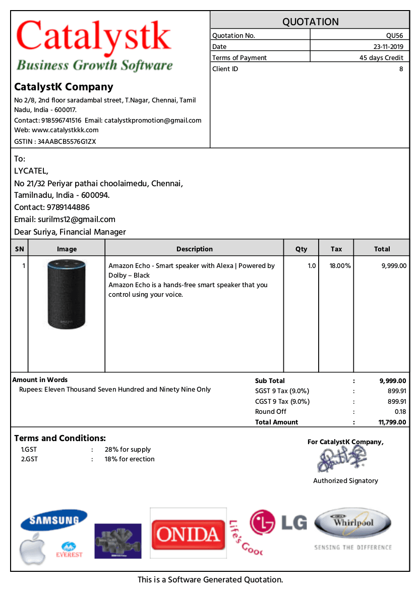 Free quotation generator PDF output with itemised lines, GST breakup and total in words