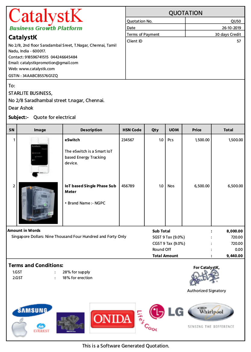 Quotation maker output for an electrical supplier with HSN codes and per-line tax