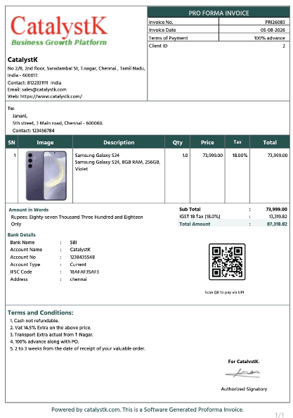 Free online proforma invoice generator — a proforma invoice showing the buyer, consignee address, itemised goods and advance-payment terms
