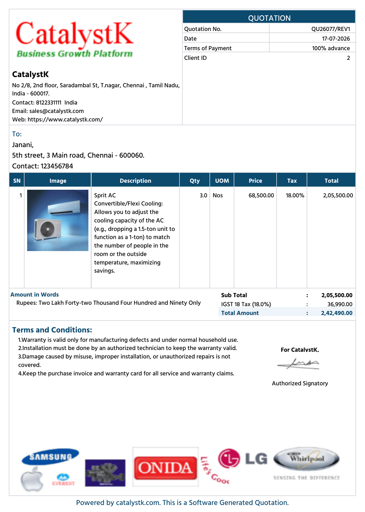 Free quotation software with image — branded product-image quotation template by CatalystK