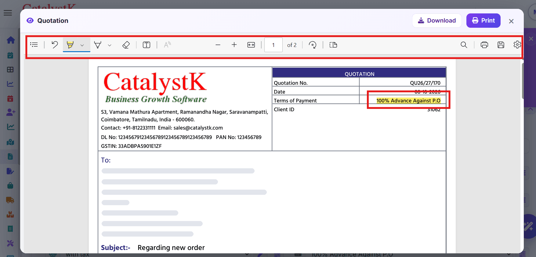 Highlight key points in a quotation PDF for clients — highlight, circle, add text and save tools in quotation preview