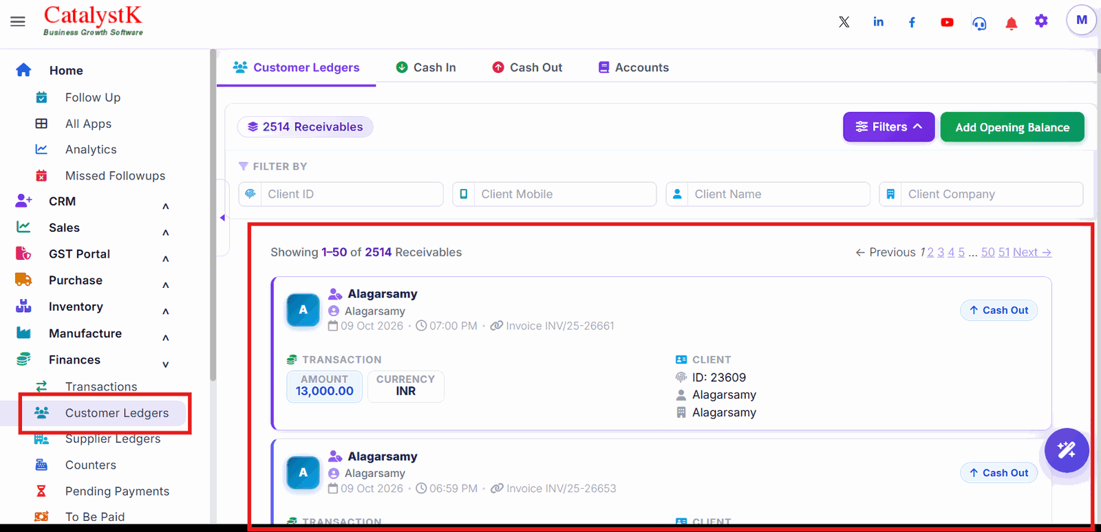Customer ledgers with receivables and Add Opening Balance in Catalystk