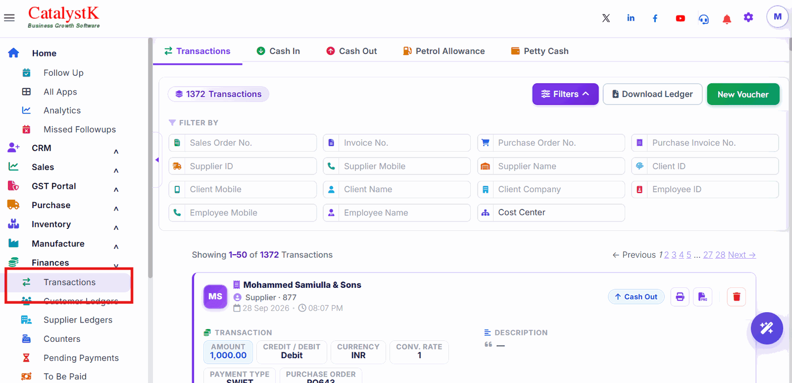 Finance menu with transactions, customer ledgers, supplier ledgers and pending payments in Catalystk accounting software