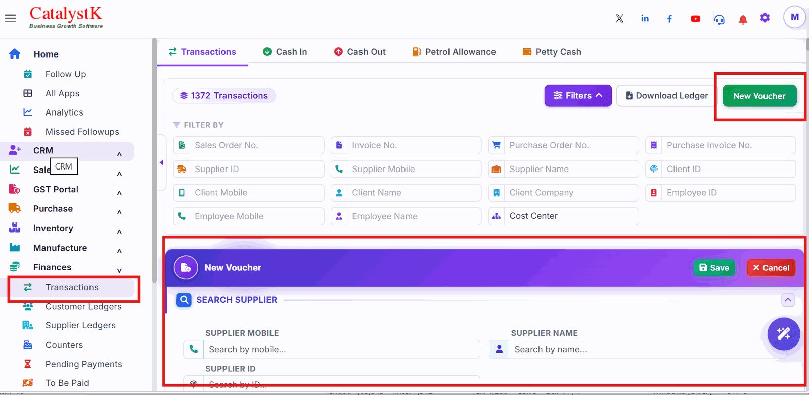 New Voucher form with supplier search in Catalystk accounting
