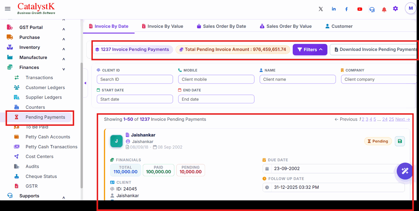 Pending payments with total, paid and pending amount in Catalystk