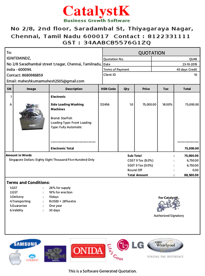 Quotation printed on a company letterhead by the free online quotation generator