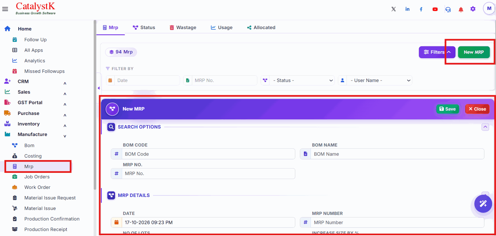 New MRP button with BOM search options and MRP details in Catalystk
