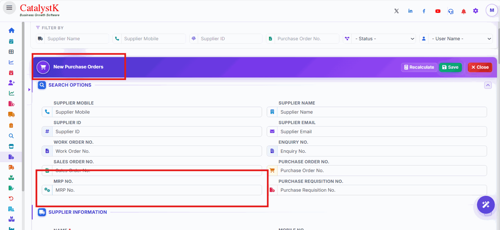 MRP No. search in a new purchase order to buy materials planned in MRP in Catalystk
