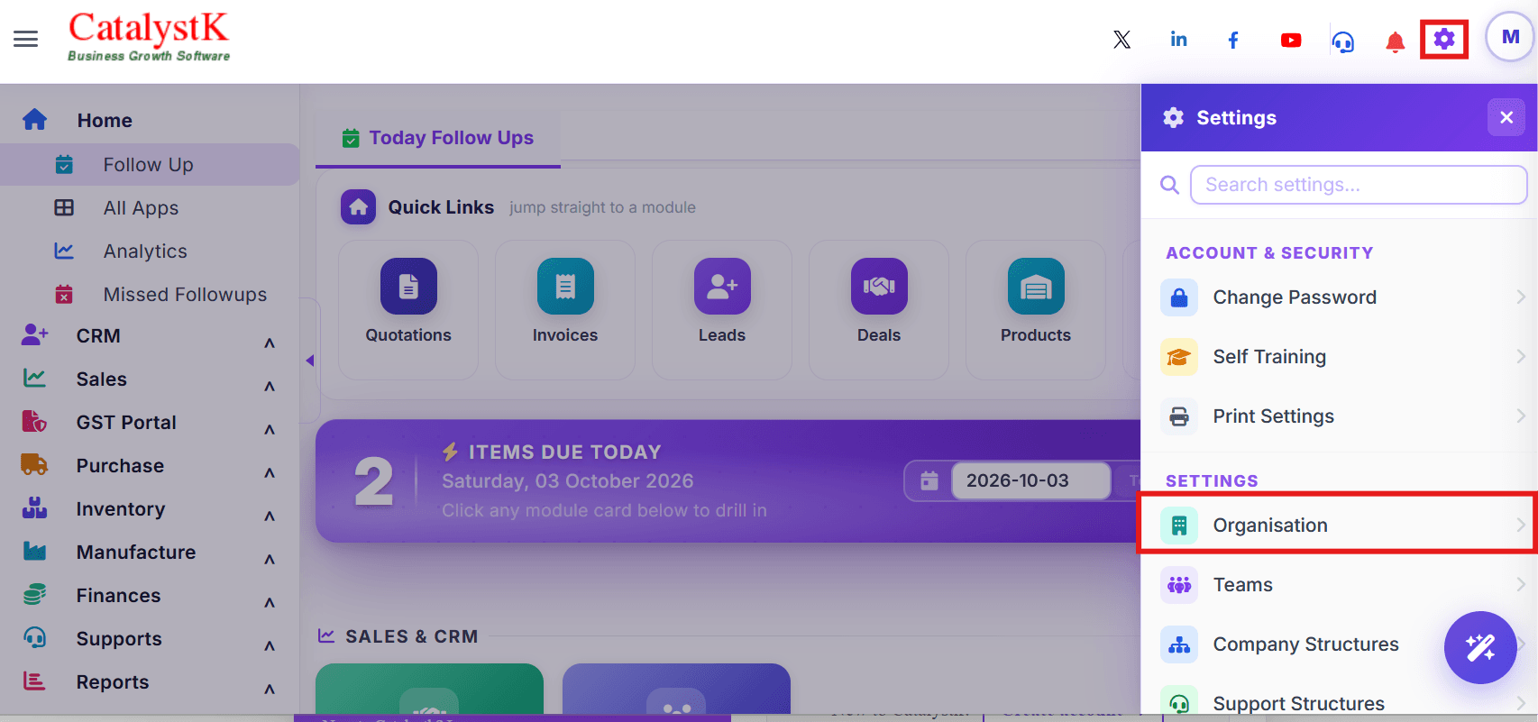 Organisation settings (organization settings) opened from the Settings gear to upload a company logo and signatures