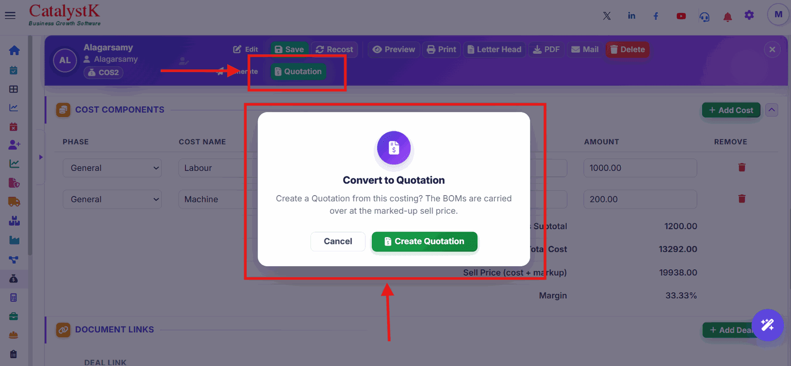 Convert to Quotation dialog creating a quotation from a product costing in Catalystk