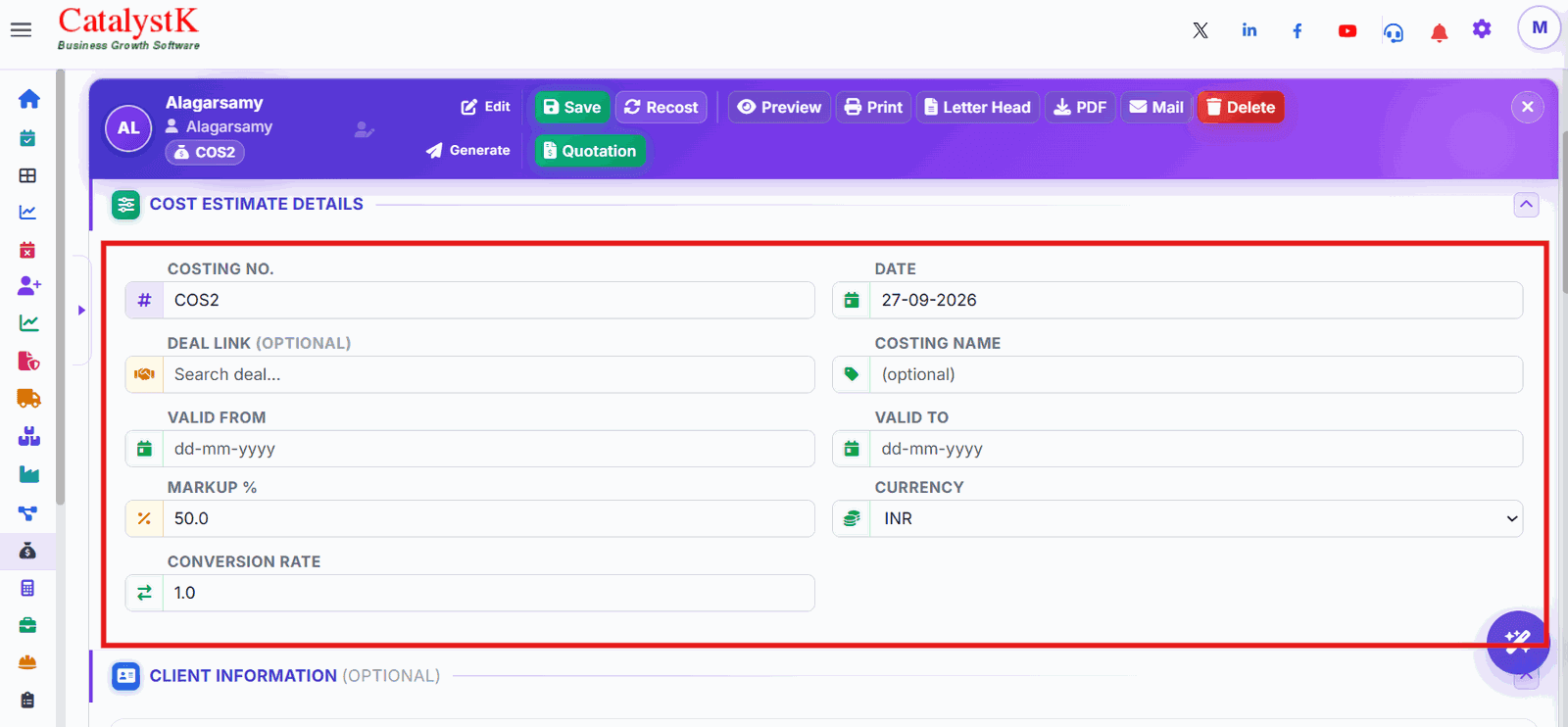 Cost estimate details with costing number, date, markup percentage and currency in Catalystk