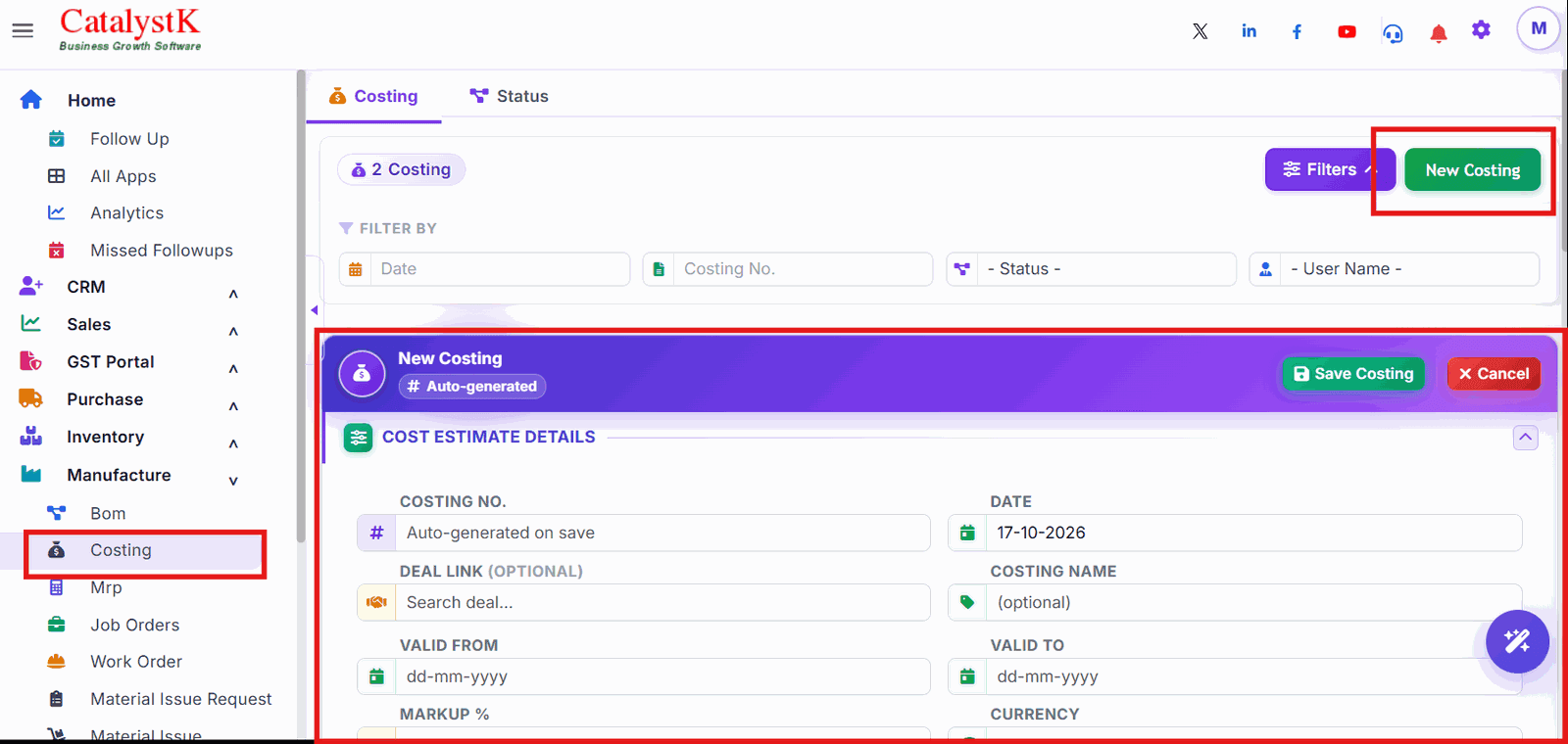 New Costing button and cost estimate details form in Catalystk
