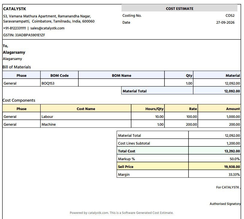 Cost estimate PDF with BOM material cost, labour, machine cost, markup, selling price and margin from Catalystk
