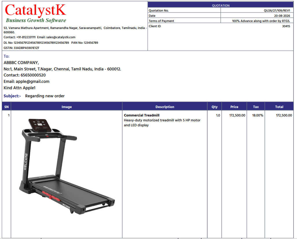 Generate quotation with big 300 x 300 product image in PDF — sample quotation with a large product photo