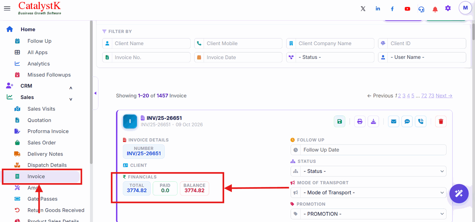 Invoice financials showing total, paid and balance amount in Catalystk