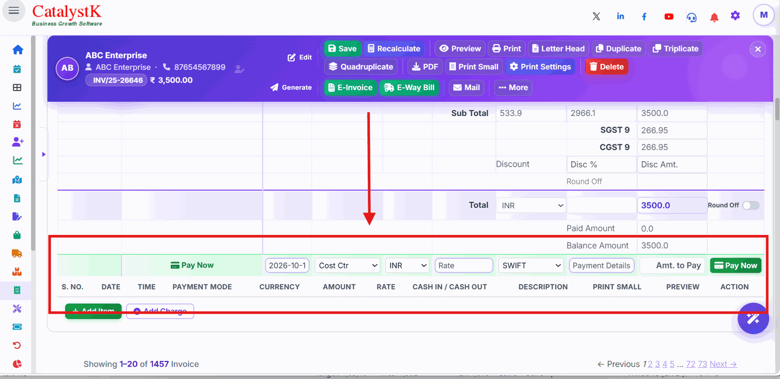 Pay Now row with date, payment mode and amount to pay on a Catalystk invoice