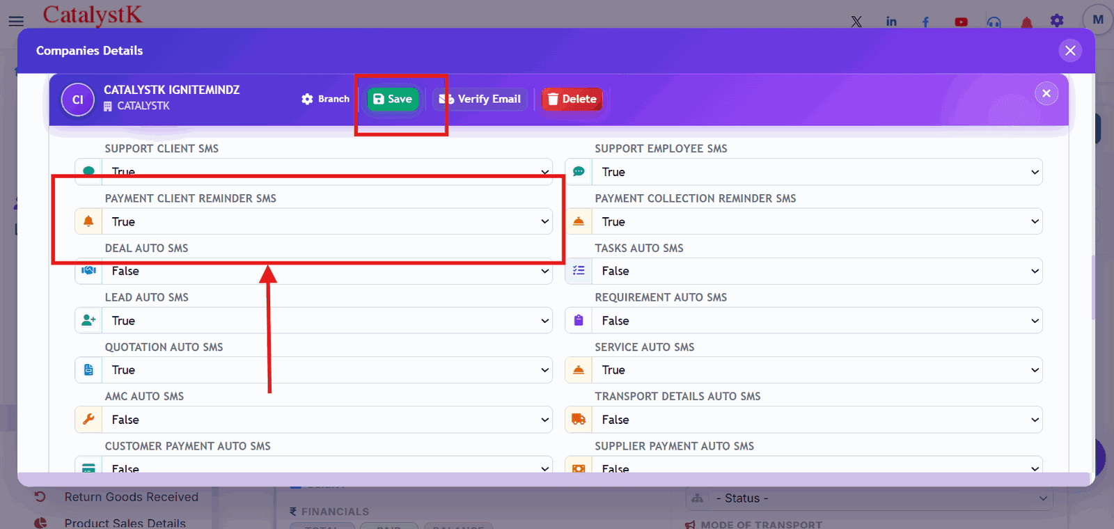 Payment Client Reminder SMS setting set to True in Catalystk branch SMS settings