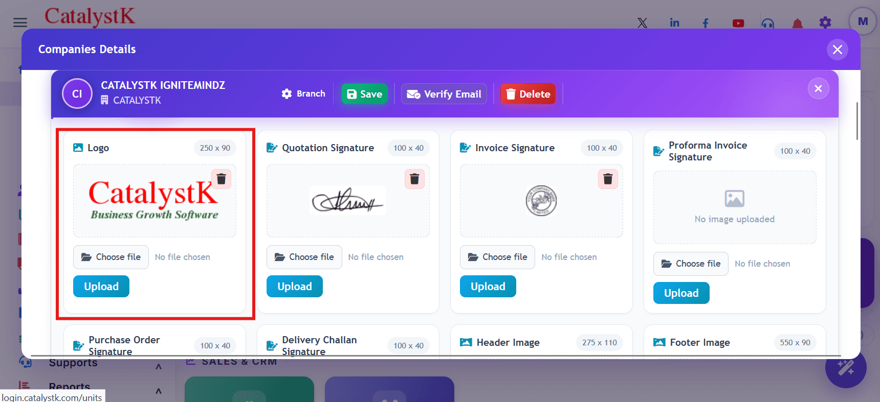 Upload company logo, quotation signature, invoice signature, proforma invoice signature, header image and footer image in Companies Details