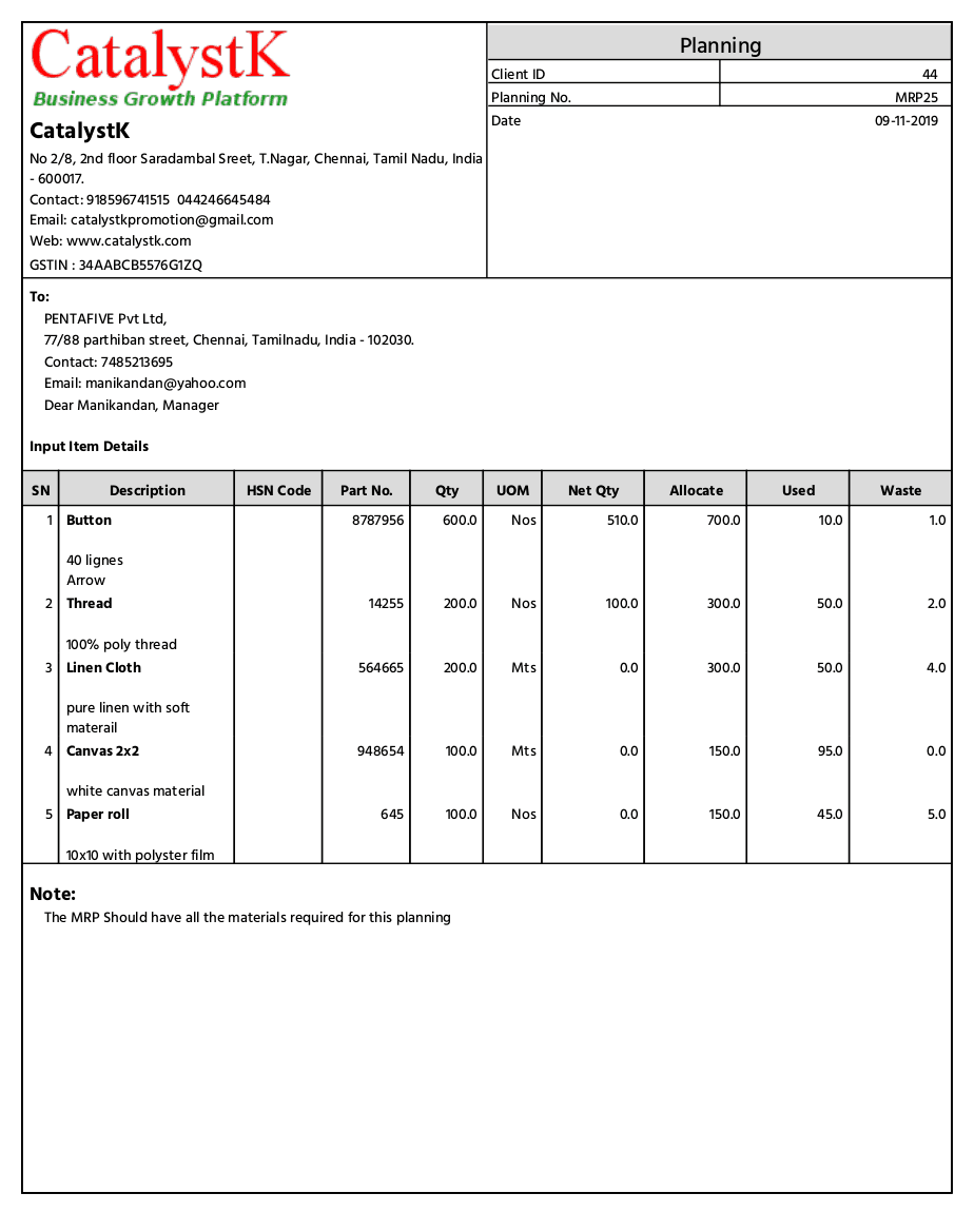 Catalystk MRP and manufacturing planning sheet