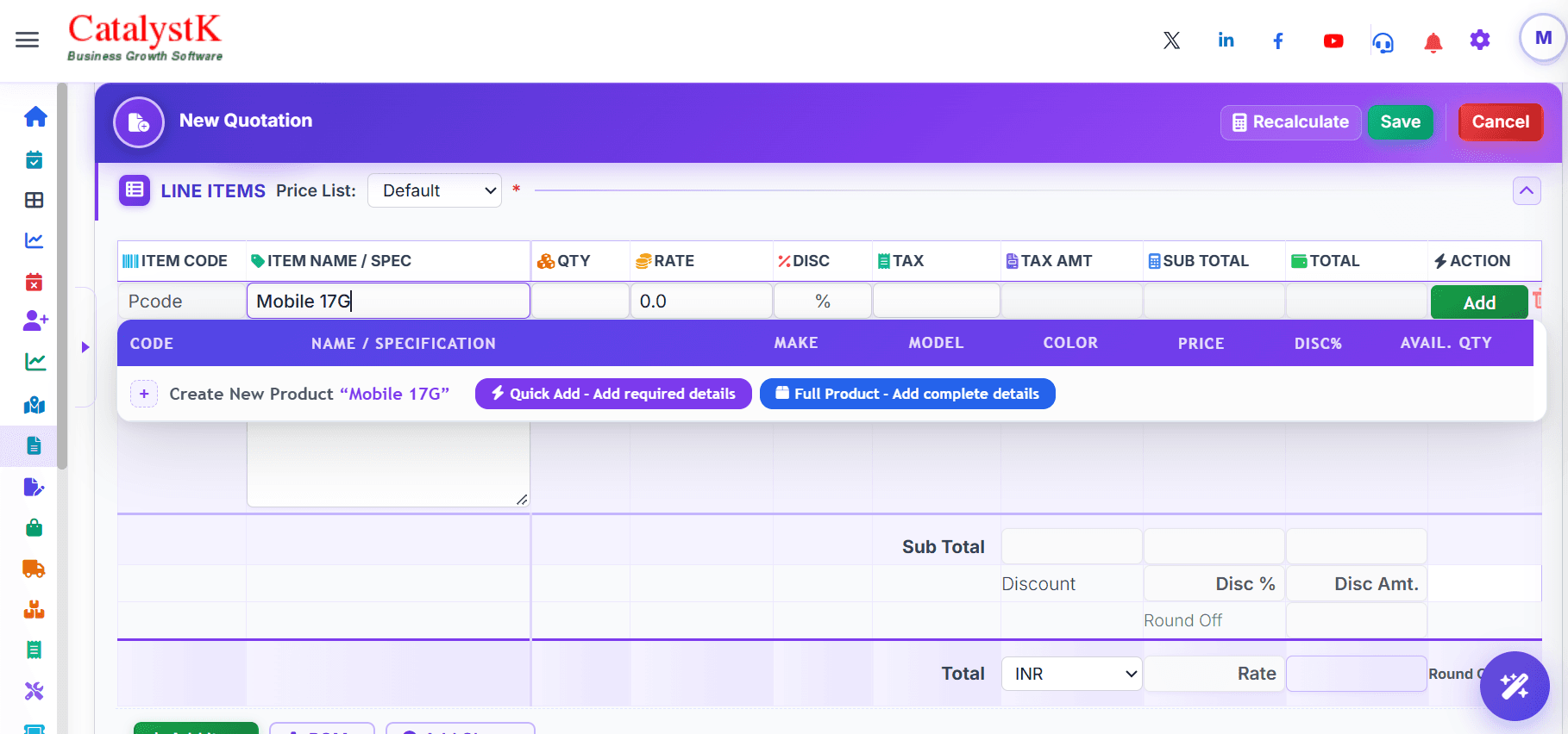 Create new product from a quotation line item in Catalystk with Quick Add and Full Product options