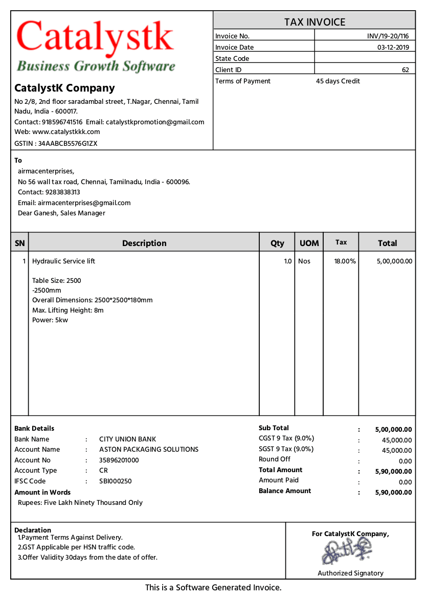 Free online invoice generator — GST tax invoice created with the Catalystk invoice maker