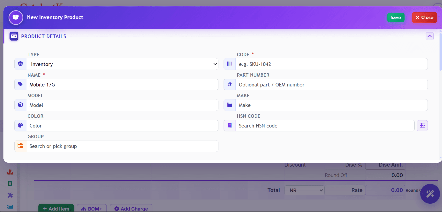 Full Product dialog in Catalystk to create a new inventory product with code, name, model, make, color, HSN code and group