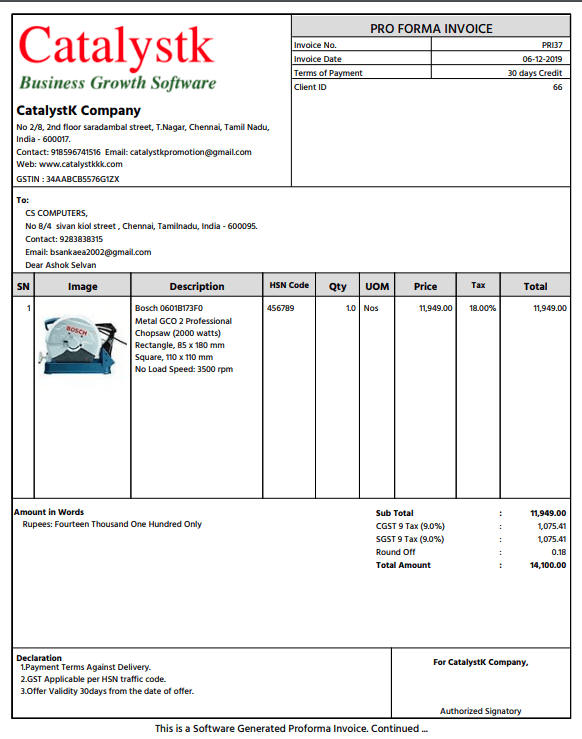 Free online proforma invoice generator — proforma invoice created with the Catalystk proforma invoice maker