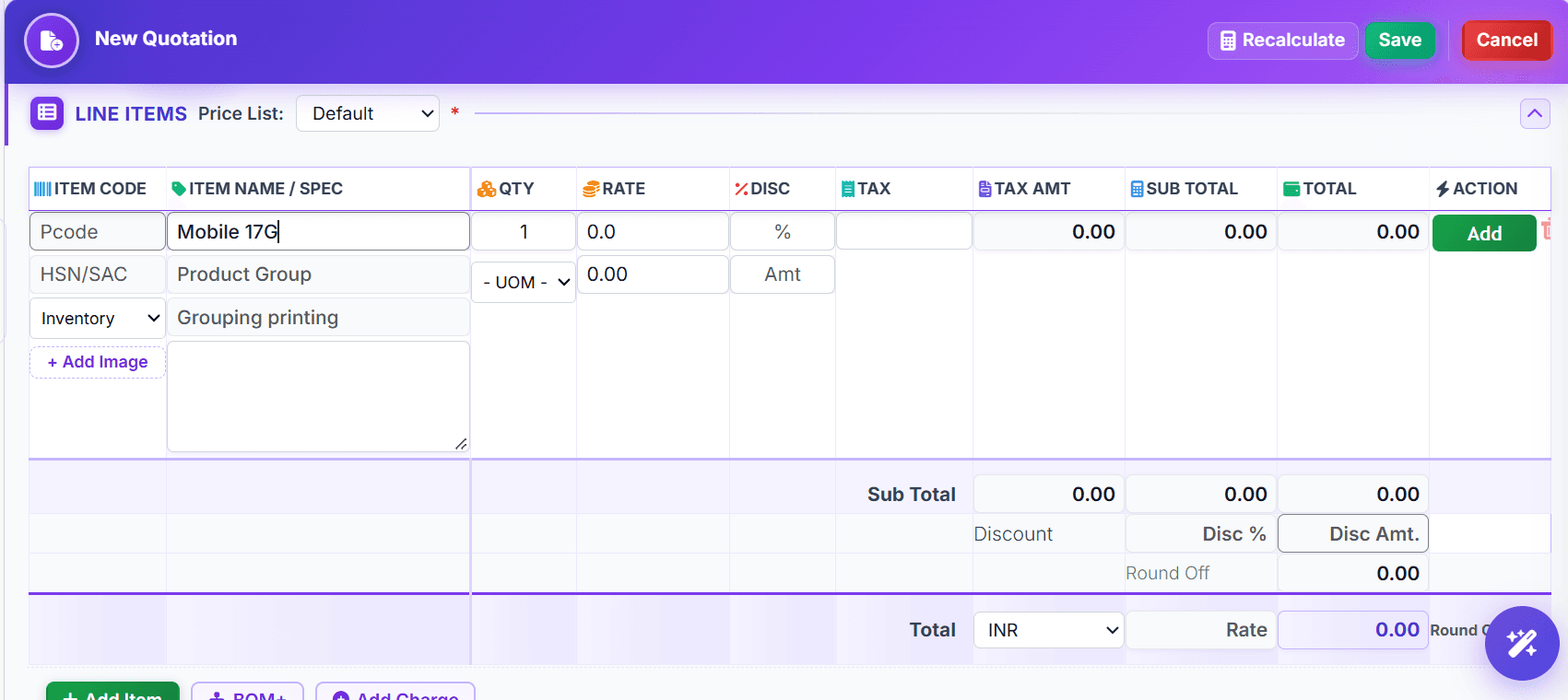 Quick Add product inline in a Catalystk quotation with HSN/SAC, UOM, quantity, rate, discount, tax and image fields