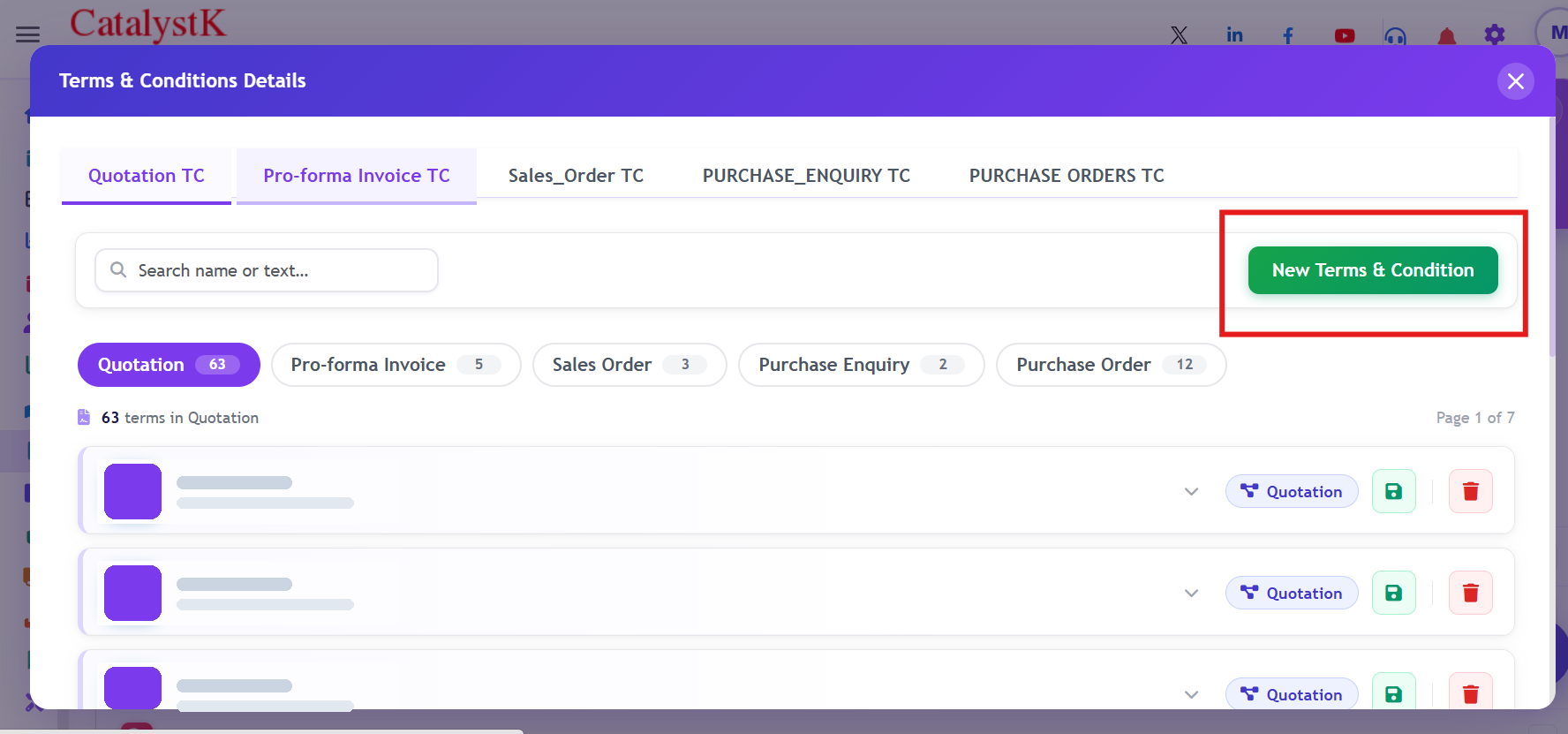 Terms and Conditions dialog with the New Terms and Condition button to add terms and conditions for quotation