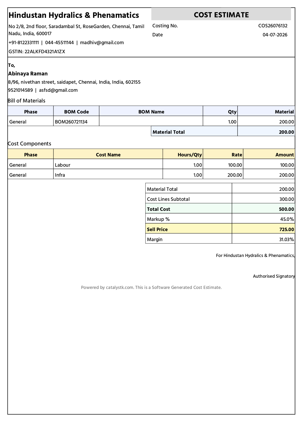 Product costing report generated by Catalystk