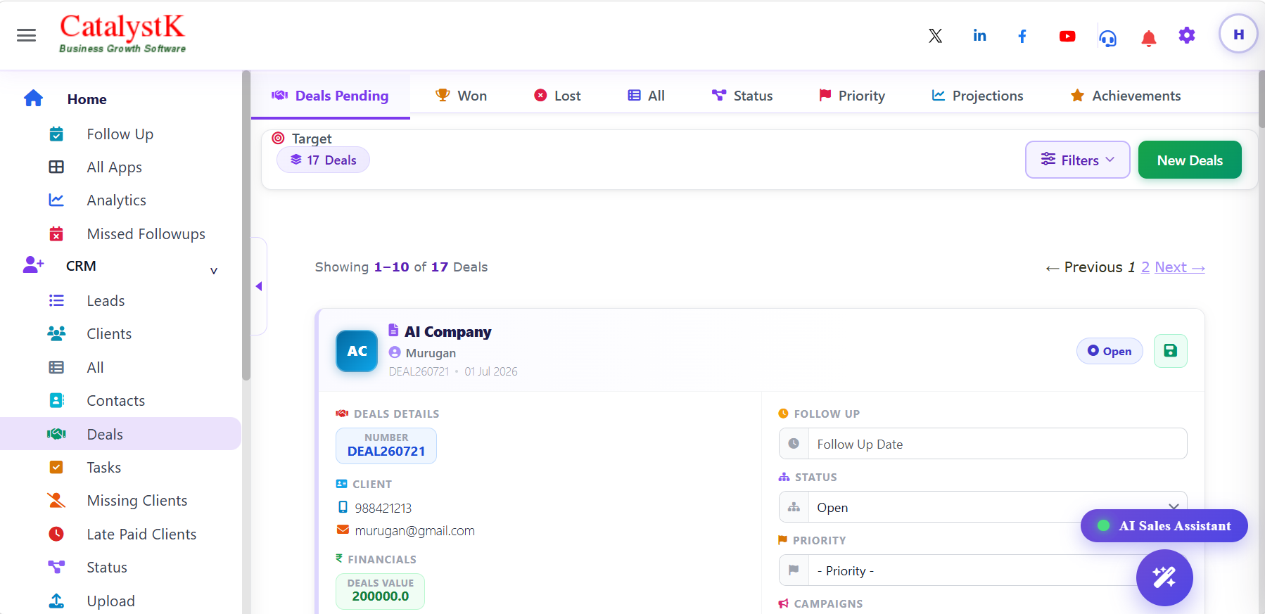 Catalystk deal management software pipeline