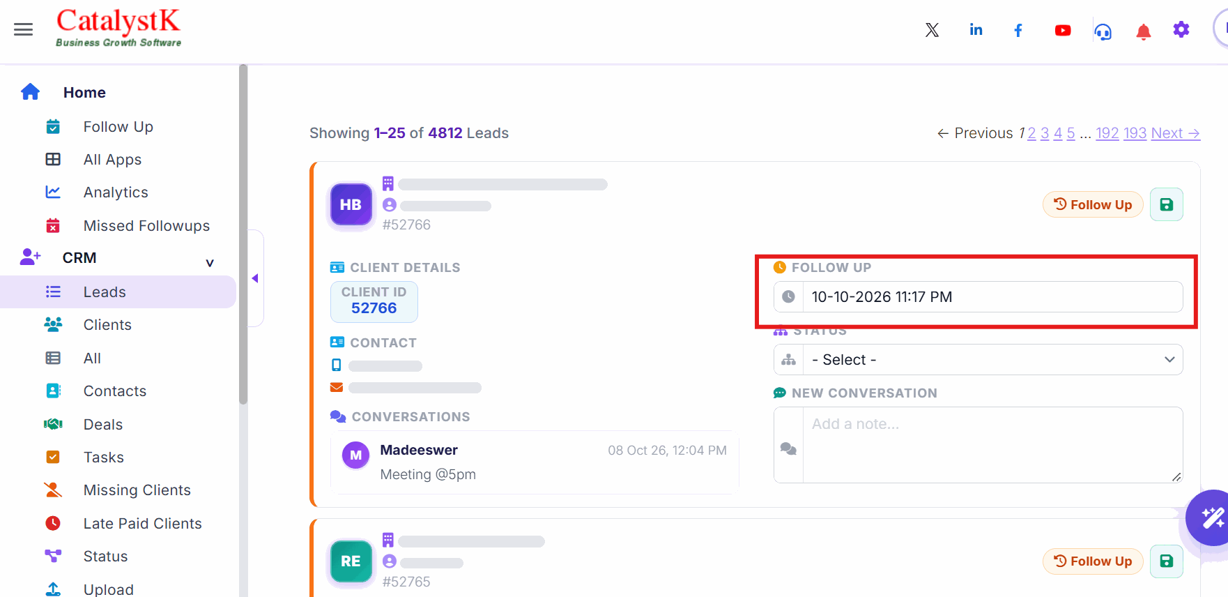 Follow up date and time box in the leads list view of Catalystk CRM