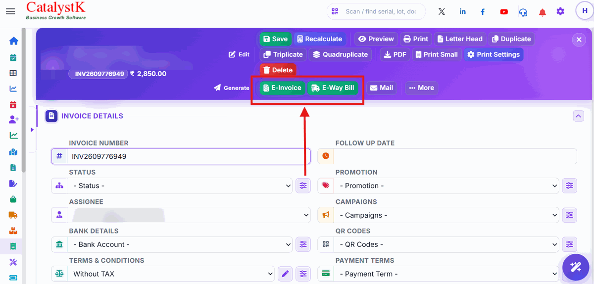 E-Invoice and E-Way Bill buttons on a GST invoice in Catalystk billing software