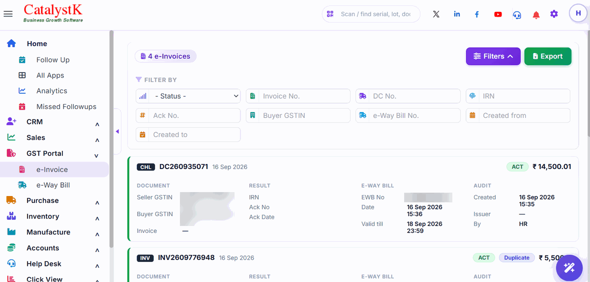 GST e-invoice list with IRN, Ack No. and e-way bill details in Catalystk