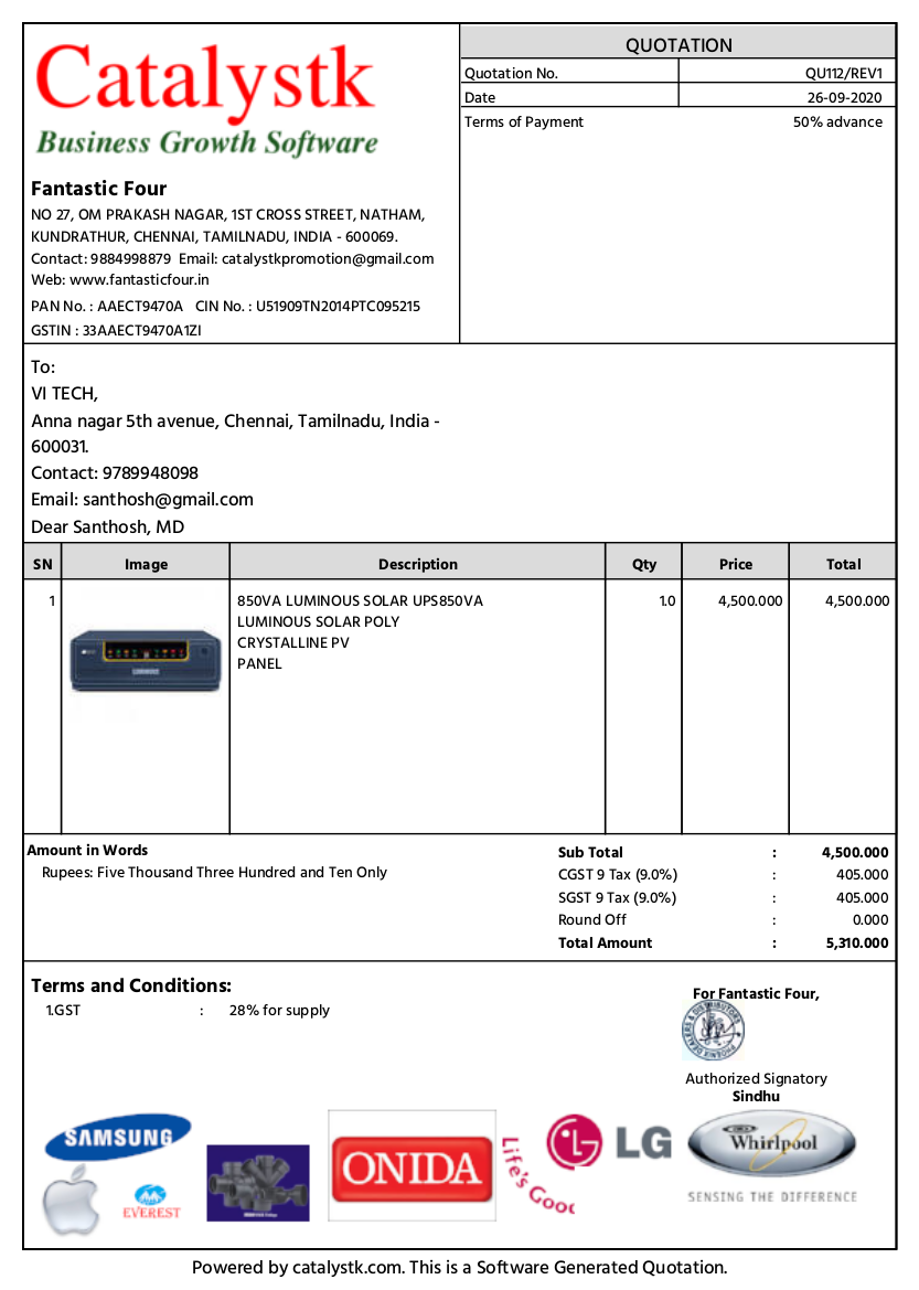 Sales quotation format