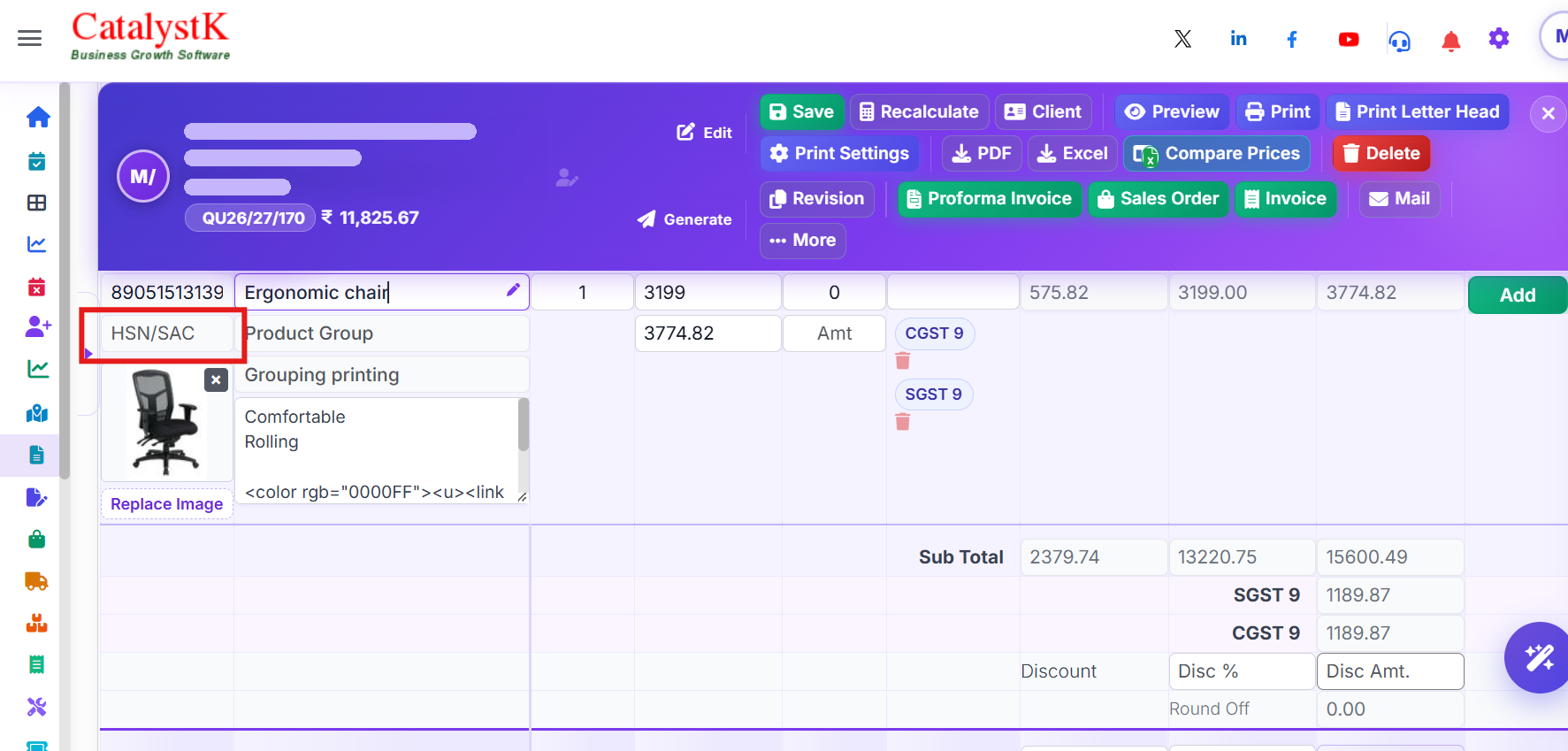Add HSN SAC code in quotation — type the HSN code in the HSN/SAC box of a line item and select or create it