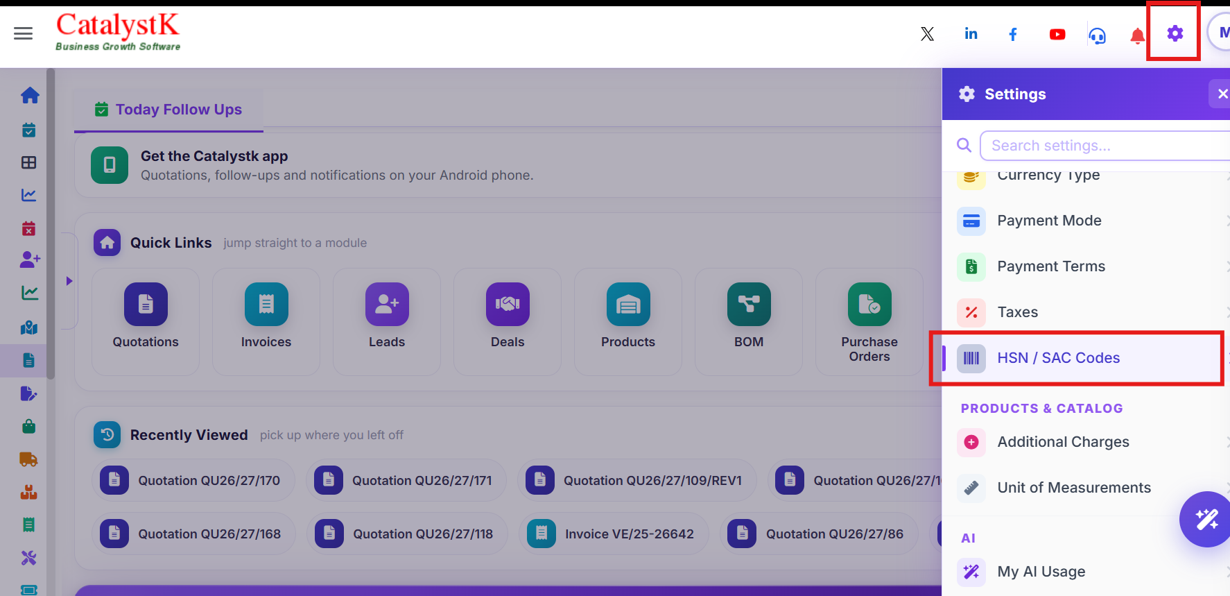 HSN / SAC Codes in Catalystk Settings — click the Settings gear in the top right and open HSN / SAC Codes to see all HSN codes and SAC codes