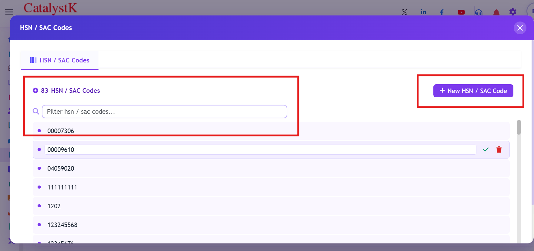 List of all HSN codes and SAC codes with filter and New HSN / SAC Code button