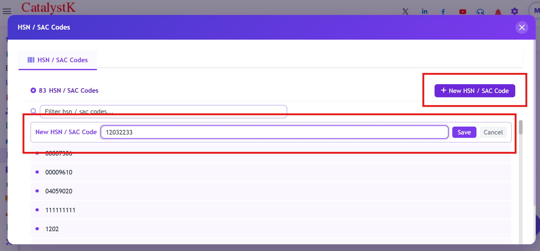 Add a new HSN code or SAC code — type the code and click Save