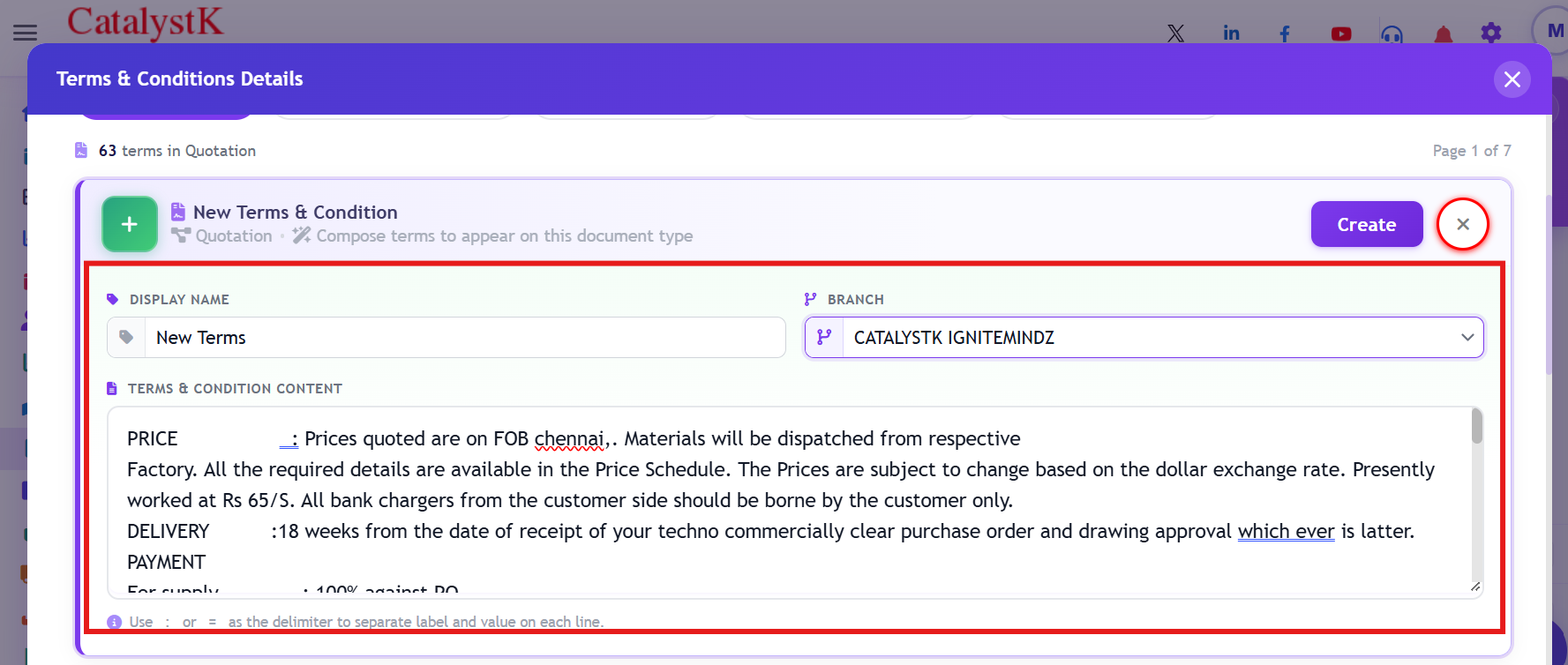 New terms and condition form for quotation — display name, branch and terms and condition content, then Create