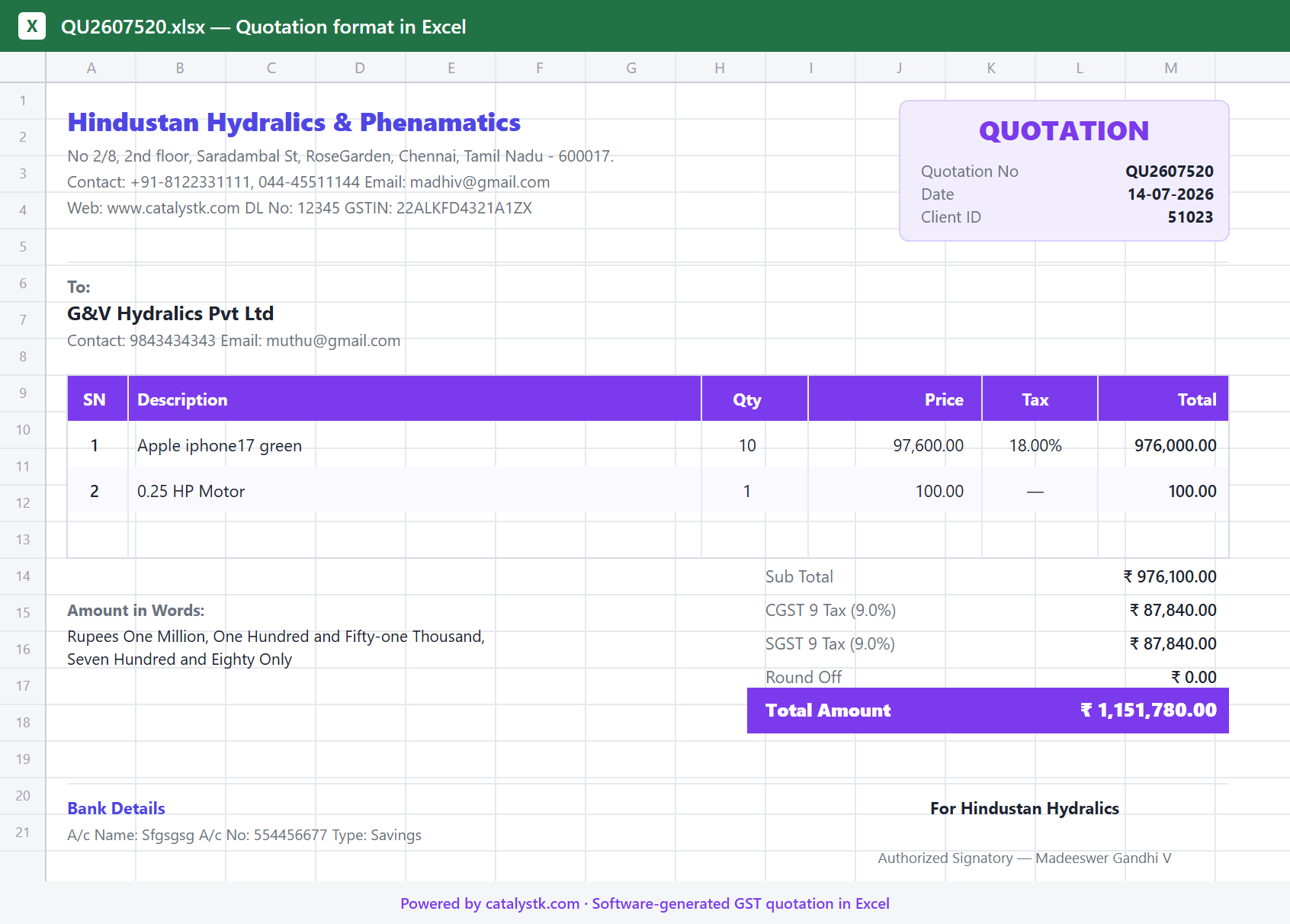 price quotation excel template - GST quotation format in Excel by CatalystK