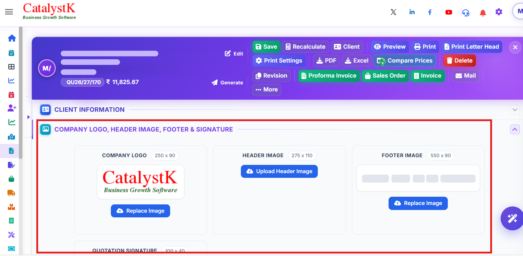 Quotation header footer image upload — open a quotation, scroll to Company Logo, Header Image, Footer and Signature, add the images and click Save; they update the organisation setup