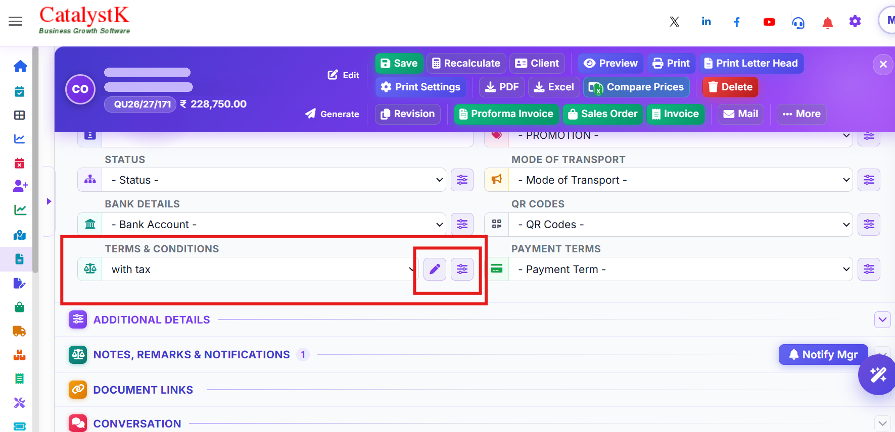 Add terms and conditions for quotation — Manage and Edit buttons next to Terms and Conditions in the Quotation Details section