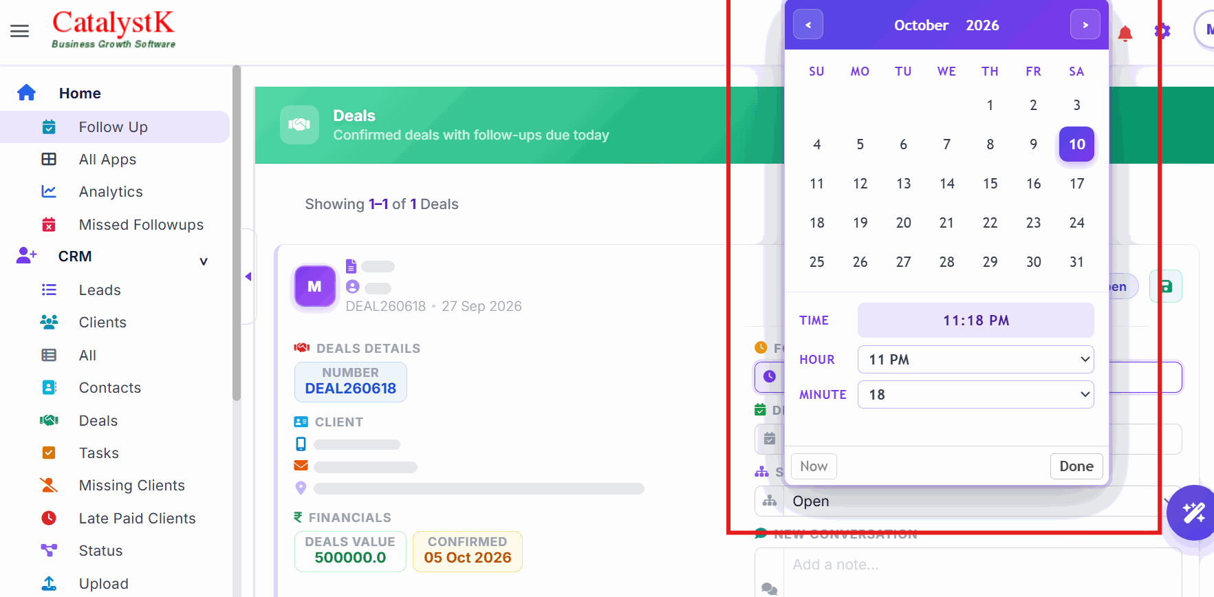 Set the next follow up date and time in a deal card from Today Follow Up, then click Save