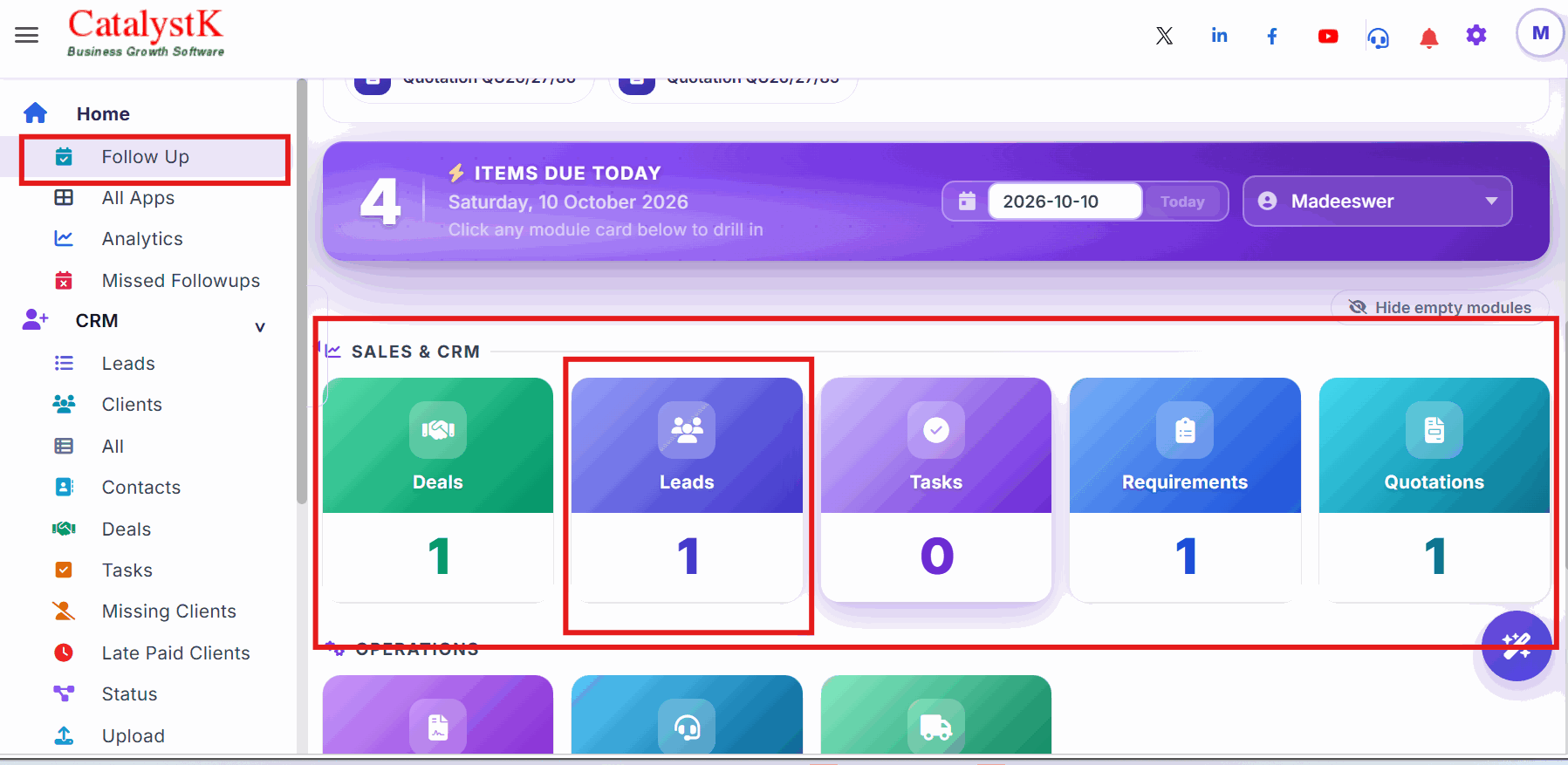 Today follow up home screen in Catalystk CRM — items due today with module cards for Deals, Leads, Tasks, Requirements and Quotations