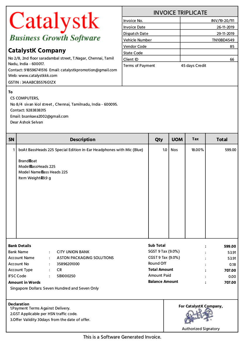 Invoice with inventory management